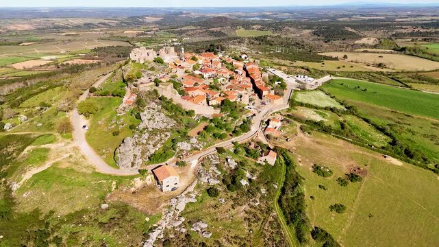Drone aerial view flying around castelo rodrigo village in portugal