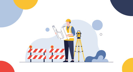 A construction worker stands on a site with equipment and barricades nearby. © Fendi