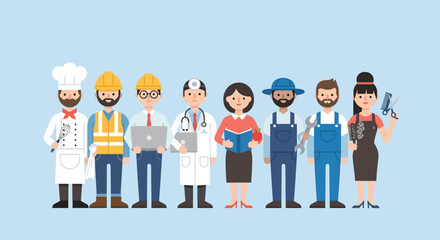Fototapeta premium A diverse group of workers including a chef, engineer, doctor, and others standing together in unity and profession.