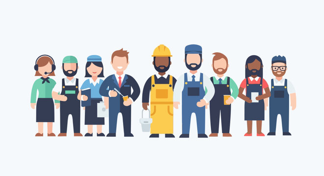 A diverse group of people in various occupations are standing together.