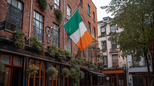 ireland irish flag waving in a pub street