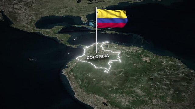 Colombia Map Animation with 3D Waving of Colombia National Flag and Glowing Border Animation on World Map