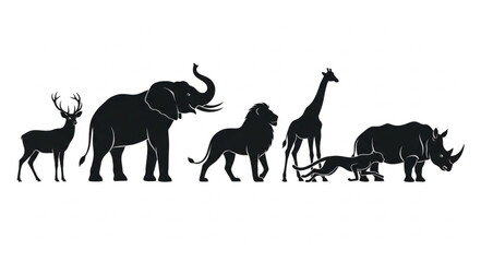 Collection of African Wildlife Silhouettes on White Background. © Basil