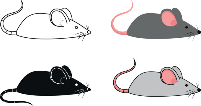Cute Mouse Character Icon Set in Outline, Dark, Black, and Gray Styles for Animal, Pet, and Wildlife Cartoon Illustrations and Designs