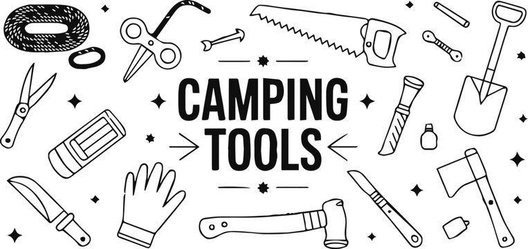 camping tools outline icons rope axe knife shovel flashlight gears set