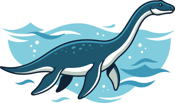 Cartoon illustration of a plesiosaur swimming through ocean waves, representing a prehistoric marine reptile in a dynamic vector style.