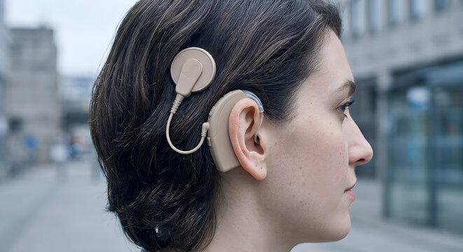 Profile of a young woman wearing a cochlear implant and hearing aid behind her ear while standing outdoors in a city setting. Generative AI.