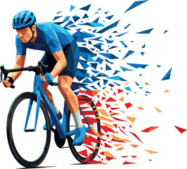 Dynamic Polygonal Cyclist Athlete in Motion with Colorful Shatter Effect for Sports, Racing, Cycling, and Competition Event Poster Designs © MstSuraiya