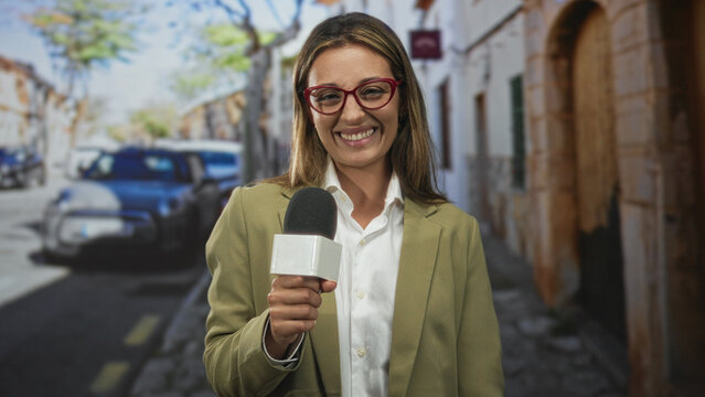 Woman reporter holding microphone on street, smiling to camera while wearing blazer and red glasses; urban reporting confidence.