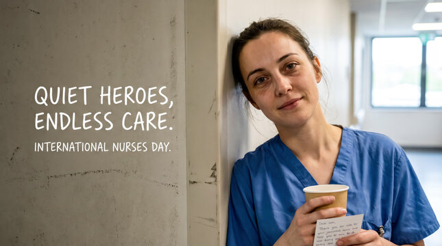 Postcard for International Nurses Day. Tired but smiling young nurse leaning against a wall during a break with coffee.