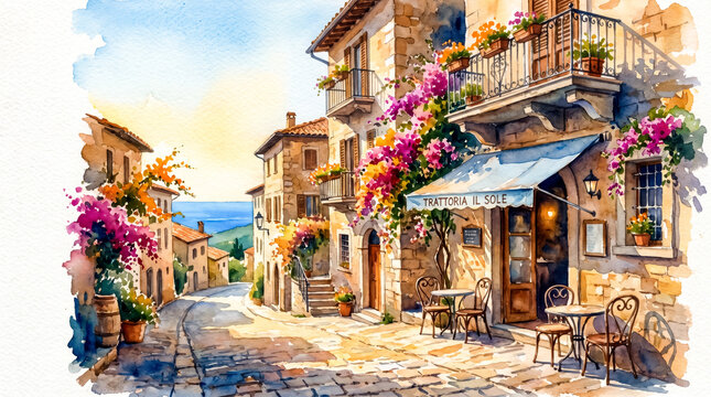 Watercolor painting shows narrow street of coastal town with outdoor cafe and view of sea.
