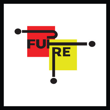 A minimalist logo featuring the word 'Future' in bold text within abstract red and yellow squares, connected by clean geometric lines and circles. Ideal for technology, innovation, or branding.