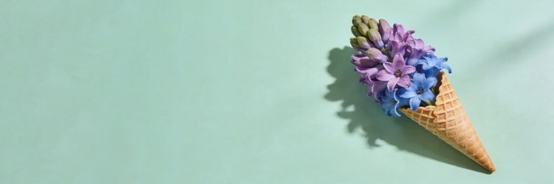 Purple and blue hyacinth flowers in waffle cone on mint green background. Creative spring floral arrangement. Seasonal gardening inspiration and decorative concept. banner format
