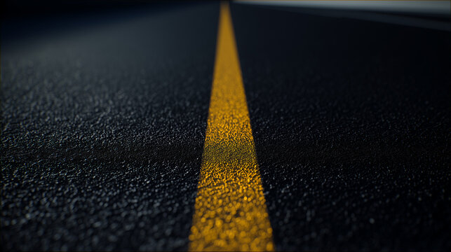 Yellow road marking on an asphalt surface, a clear path towards the horizon, leading the way 
