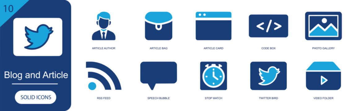 Blog and article icon set. Containing article author, article bag, code box, photo gallery, rss feed, speech bubble, stopwatch, twitter bird, video folder and more. Solid fill vector icons.