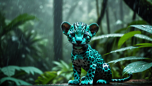 A young alien teal  jaguar cute baby alien cub posing with elegance in a sun pierced cloud forest, 