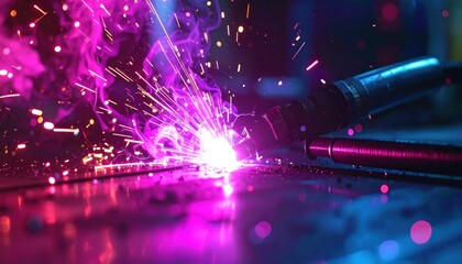 Obraz premium Vibrant Neon Welding Sparks and Smoke in Industrial Setting.
