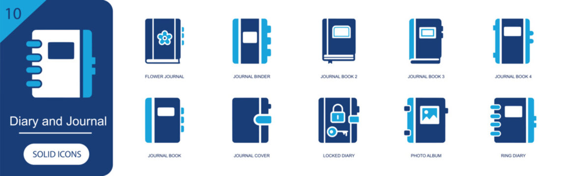 Diary and journal icon set. Containing flower journal, journal binder, journal book, journal cover, locked diary, photo album, ring diary, notebook and more. Solid fill vector icons.