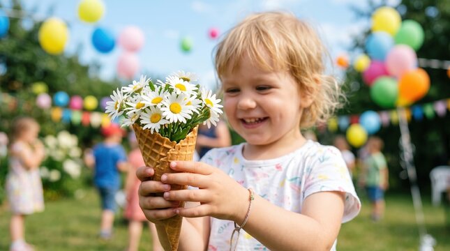 Smiling girl holding waffle cone filled with daisies at outdoor party. Summer celebration concept for kids birthday events and family gatherings