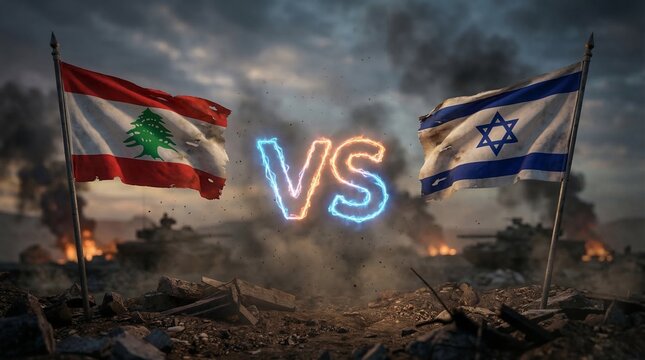 Lebanese and Israeli flags face off in a war-torn landscape with a VS sign