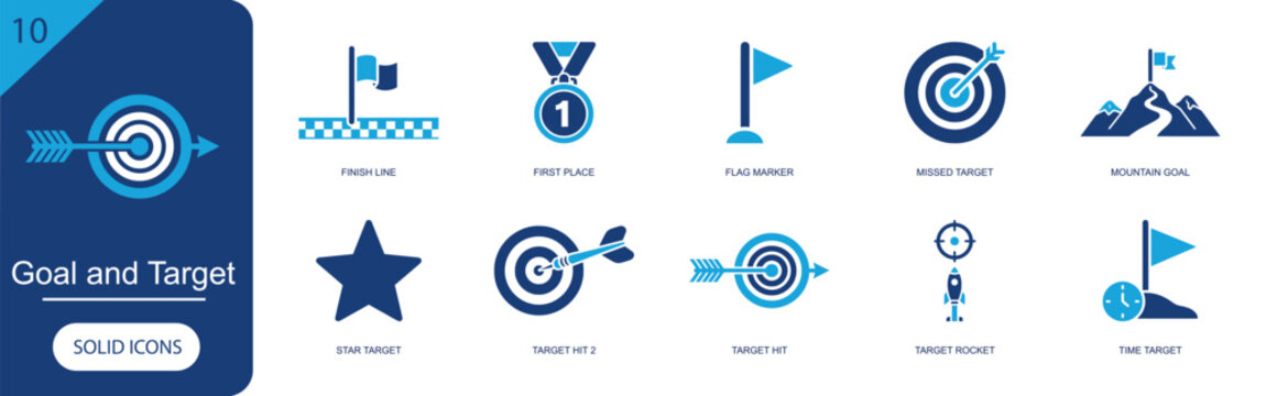 Goal and target icon set. Containing finish line, first place, flag marker, missed target, mountain goal, star, target hit, target rocket, time target and more. Solid fill vector icons.