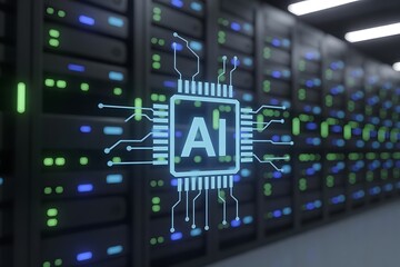 Fototapeta premium artificial intelligence computing. Server racks process AI workloads in high performance facility, managing big data, cloud services and machine learning operations.AI computing, hosting. Data center