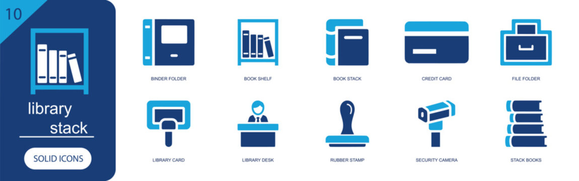 Library stack icon set. Containing binder folder, book shelf, book stack, credit card, file folder, library card, library desk, stamp, security, books and more. Solid fill vector icons.