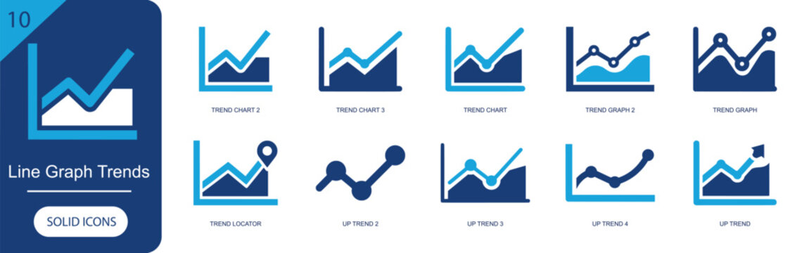 Line graph trends icon set. Containing trend chart, trend graph, trend locator, up trend, statistics, growth, analytics, performance, data, increase and more. Solid fill vector icons.