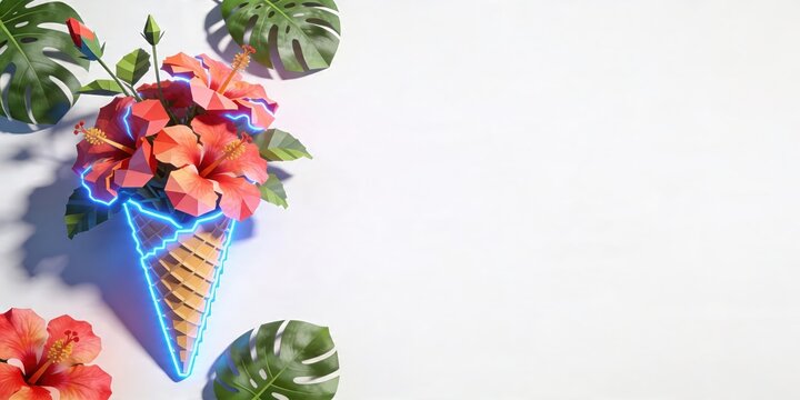 Hibiscus flowers arranged in waffle cone with neon blue glow. Tropical floral composition inspired by ice cream. Vibrant summer decoration concept for graphic design and invitations. banner format
