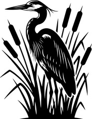 Obraz premium Elegant heron standing gracefully among cattails Vector Art