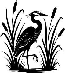 Obraz premium Elegant heron standing gracefully among cattails Vector Art