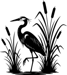 Obraz premium Elegant heron standing gracefully among cattails Vector Art