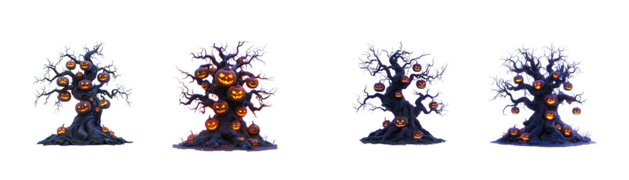 Haunted spooky halloween trees with glowing jack o lantern faces as isolated on transparent background