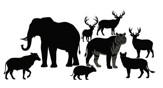Collection of Diverse Animal Silhouettes on White Background.