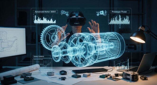 Engineer using VR headset with holographic 3D blueprint of engine