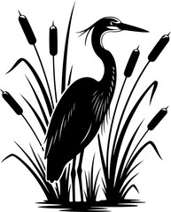 Obraz premium Elegant heron standing gracefully among cattails Vector Art