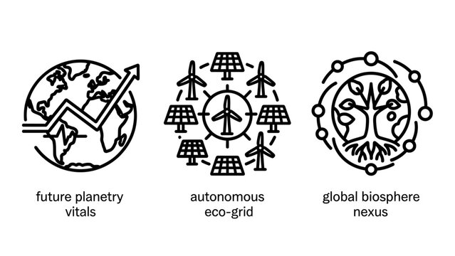 Sustainability and future planning icons: global growth chart autonomous eco-grid global biosphere nexus sustainability autonomous biosphere illustration environment renewable progress