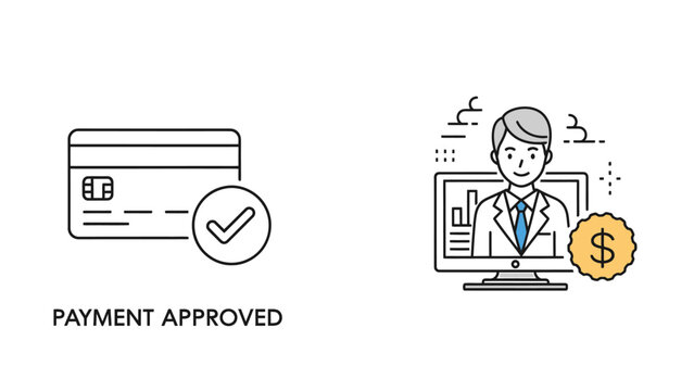 Payment approved icon and online business meeting icon with dollar coin e commerce payment gateway approved credit card checkmark business computer transaction confirmation communication