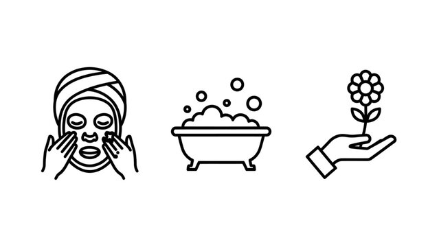 Self-care and wellness icons: facial mask bath hand holding flower well being beauty treatment personal care body care mental health wellness relaxation treatment skincare pampering