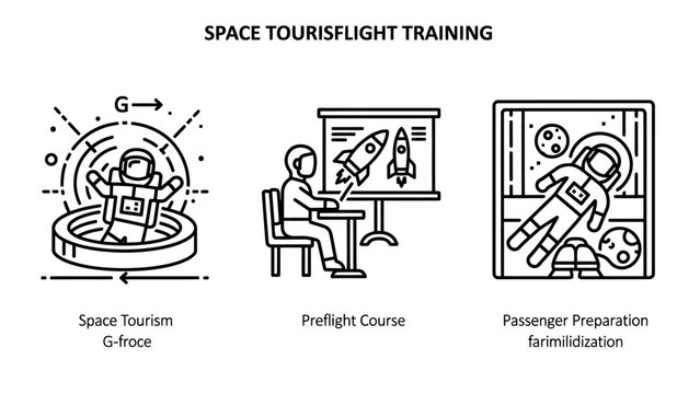 Space tourism and astronaut training icons: g-force simulator pre-flight course zero gravity with g force outer space future travel astronaut training simulator technology exploration learning