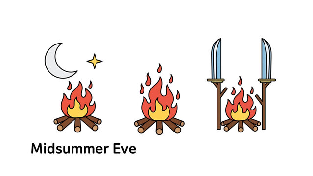 Midsummer eve bonfire and celebration symbols with primitive art celebration tradition solstice symbolism gathering festivity ceremony illustration primitive