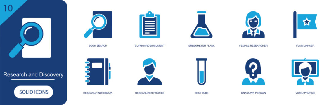 Research and discovery icon set. Containing book search, clipboard, erlenmeyer flask, female researcher, flag, research notebook, profile, test tube and more. Solid fill vector icons.