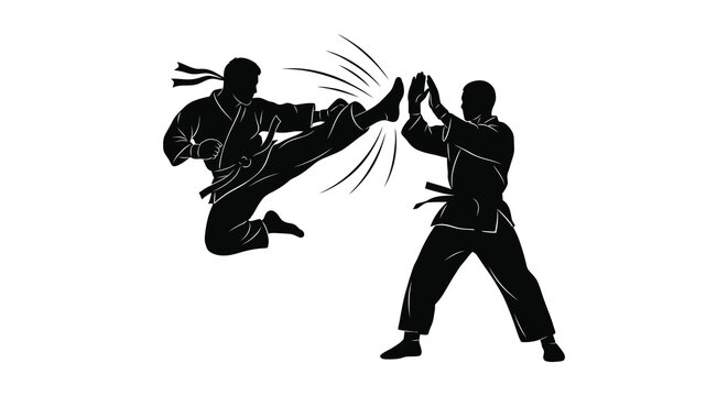 two martial artists practicing karate kicks in dynamic pose silhouette high quality professional detailed modern elegant stylish clean crisp vibrant colorful
