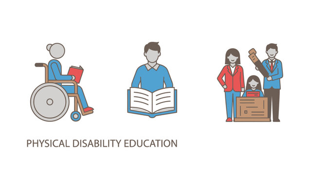 Physical disability education and inclusive learning environment illustration set with education disability inclusive accessibility learning wheelchair classroom teaching diversity equality