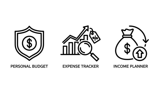 Finance management icon set featuring personal budget shield and income planner tools accounting planning business financial economics investment analysis security management currency