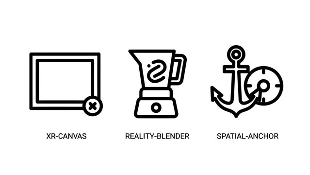 Icon set featuring xr canvas frame reality blender tool spatial anchor symbol technology augmented simulation interface development software navigation coordinate position projection