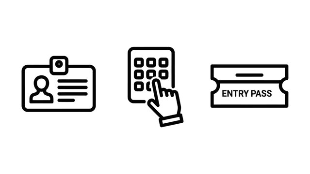 Set of security and access icons featuring identification badge digital keypad entry event pass password security identification verification authentication permission credential monochrome