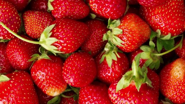 Top down view of a pile of fresh organic red strawberries