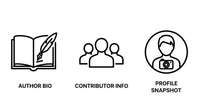 Author biography and contributor profile snapshot icons with biography contributor snapshot identity information photography document professional minimalist illustration character