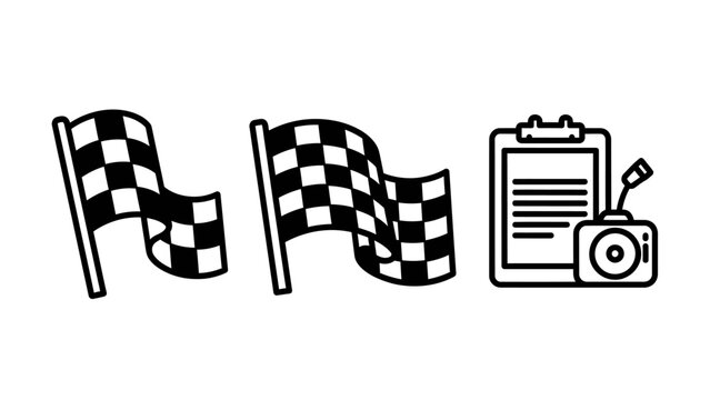 Set of black and white line icons featuring checkered race flags and a document clipboard with a camera checkered clipboard document graphics competition business minimalist monochrome